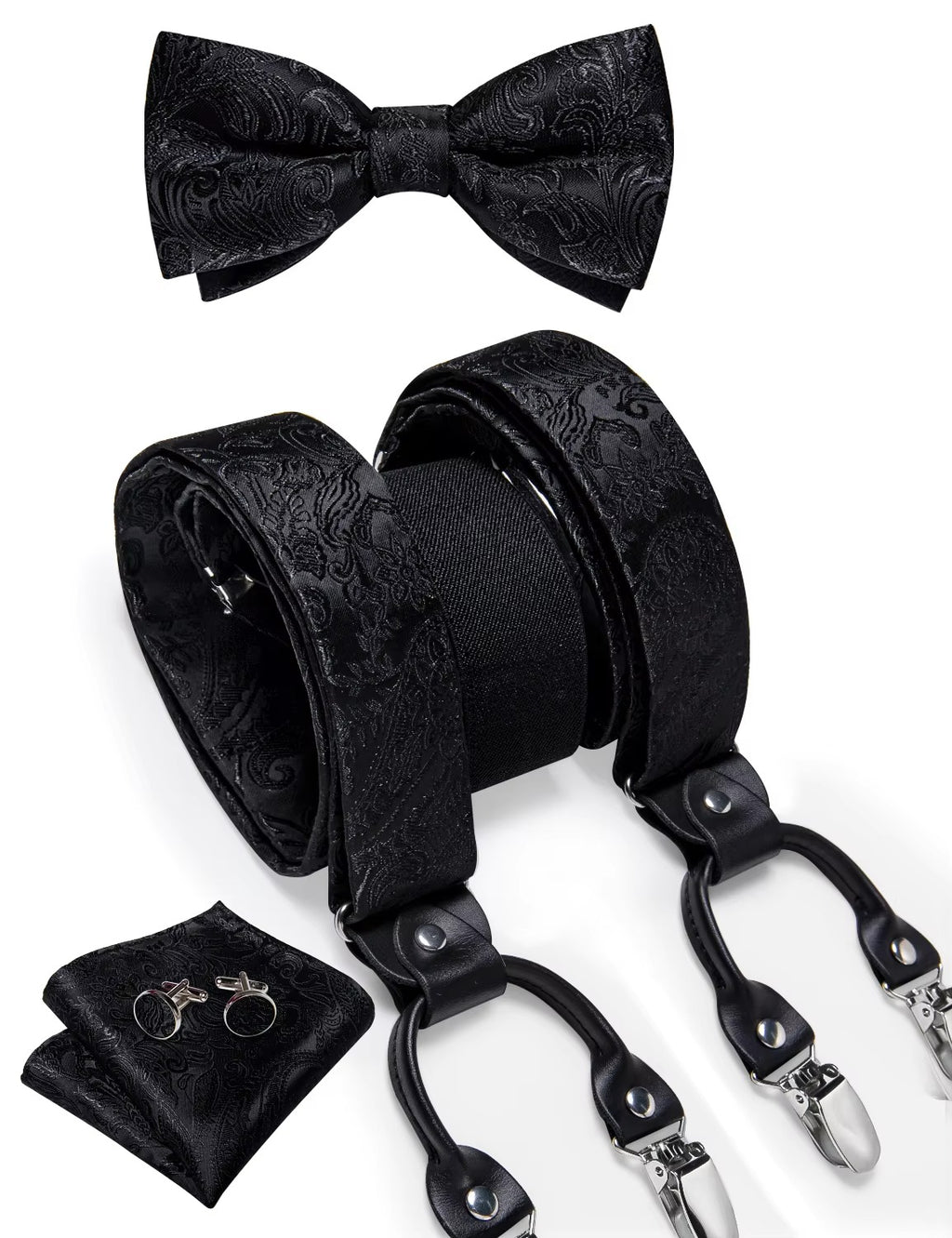 Men's Black Paisley Suspenders Set with Bow Tie, Pocket Square & Cufflinks
