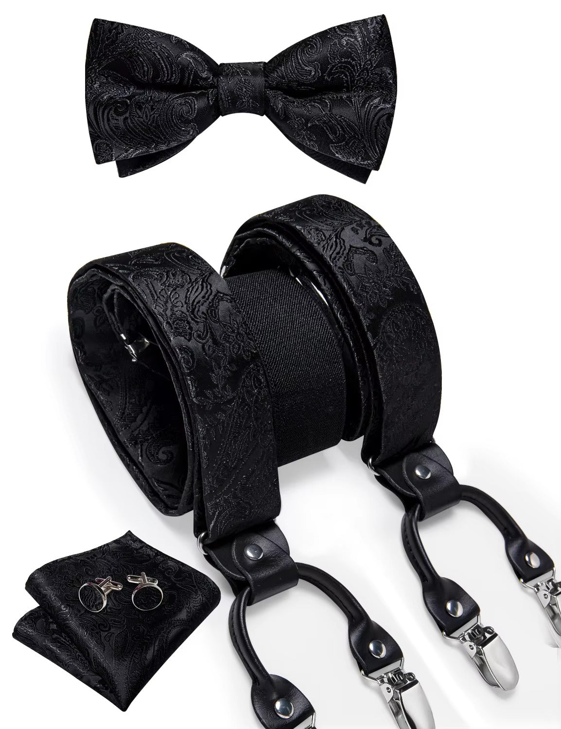 Men's Black Paisley Suspenders Set with Bow Tie, Pocket Square & Cufflinks