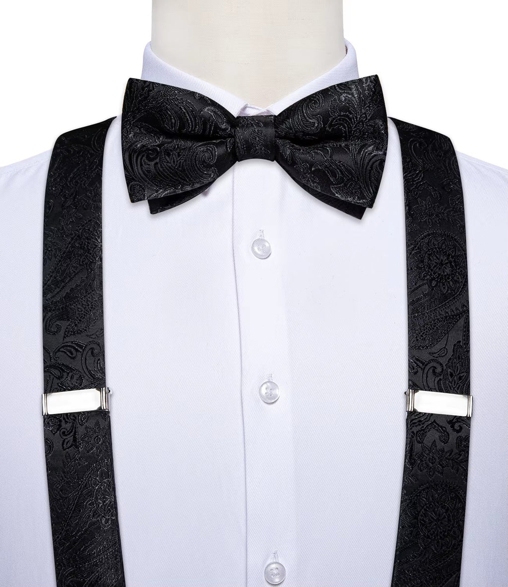 Men's Black Paisley Suspenders Set with Bow Tie, Pocket Square & Cufflinks