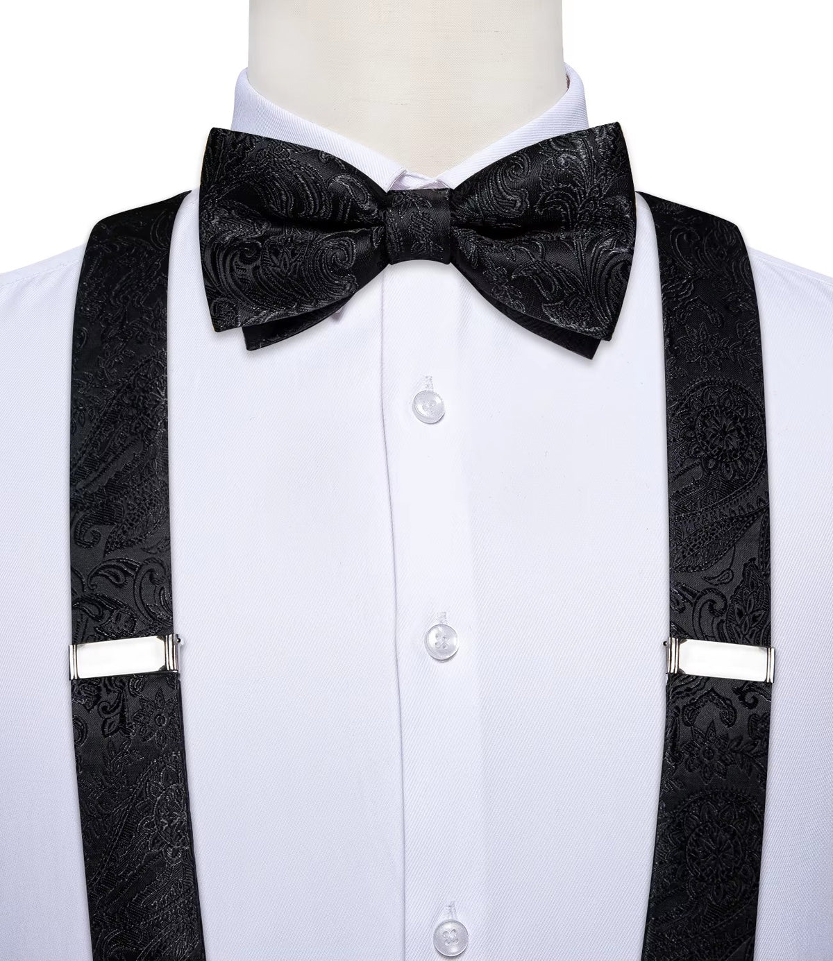 Men's Black Paisley Suspenders Set with Bow Tie, Pocket Square & Cufflinks