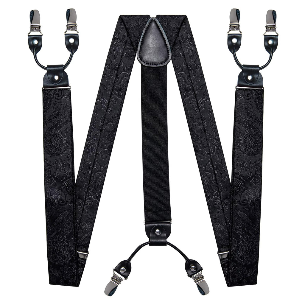Men's Black Paisley Suspenders Set with Bow Tie, Pocket Square & Cufflinks