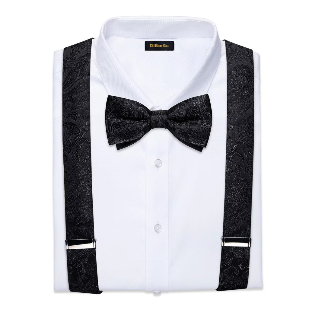 Men's Black Paisley Suspenders Set with Bow Tie, Pocket Square & Cufflinks