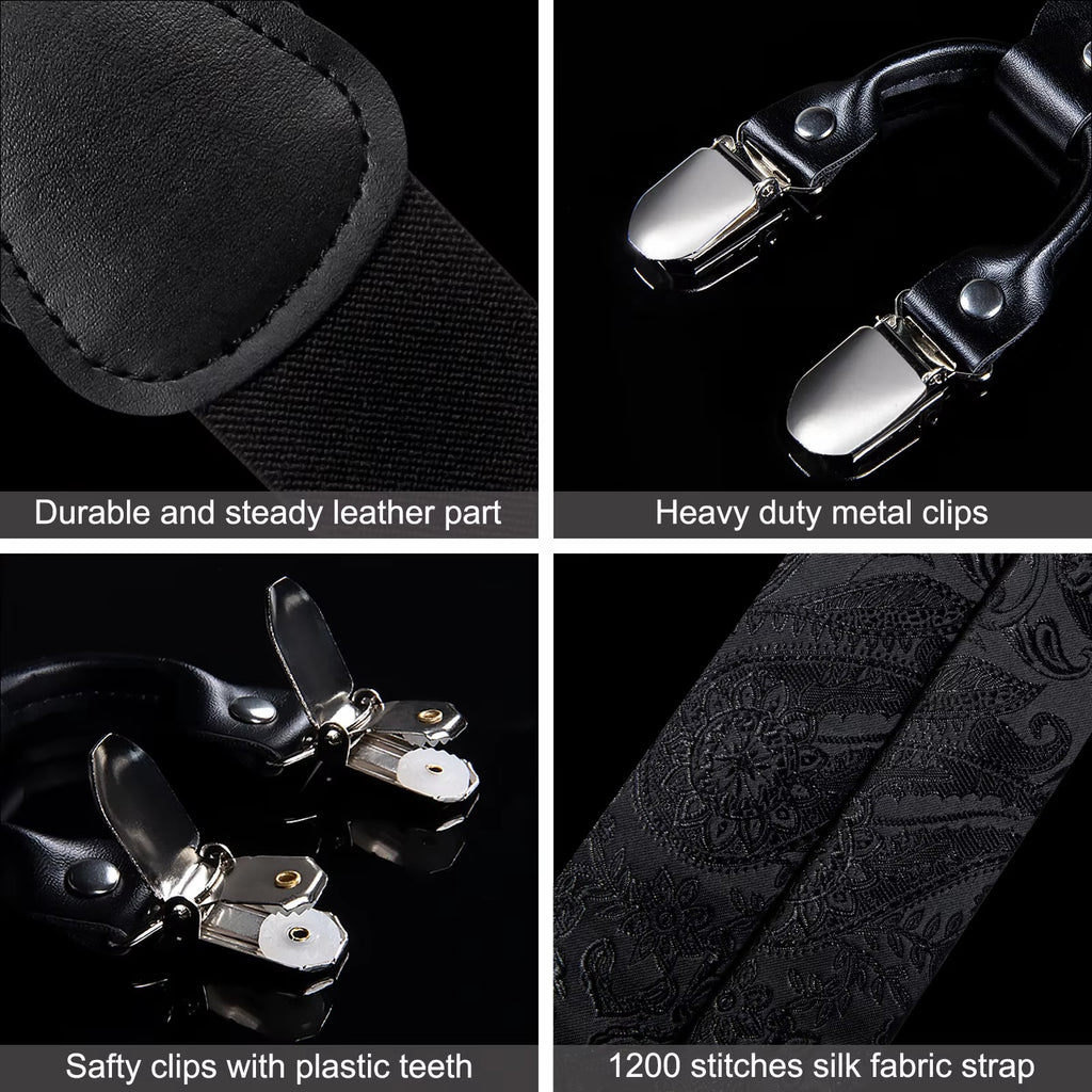 Men's Black Paisley Suspenders Set with Bow Tie, Pocket Square & Cufflinks