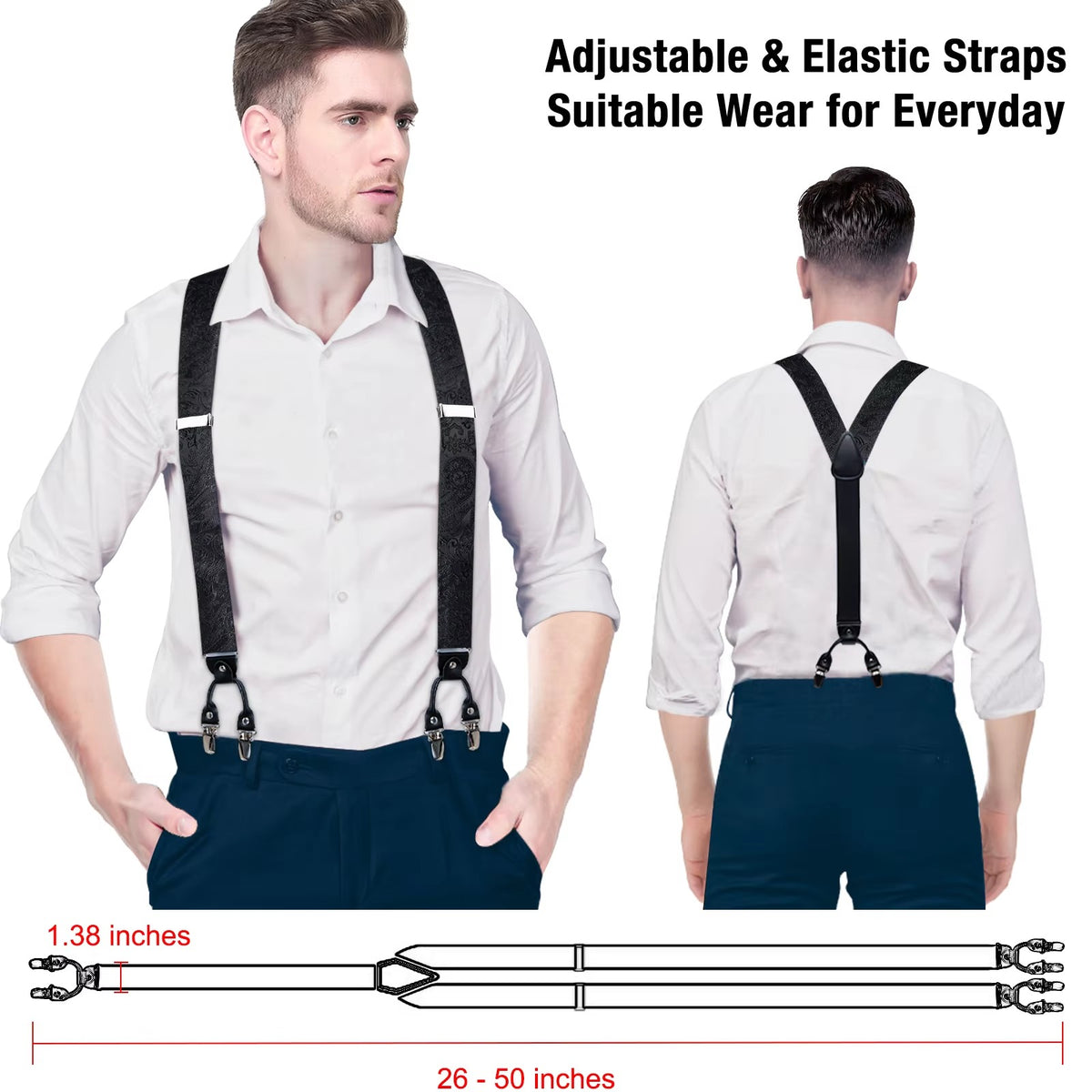 Men's Black Paisley Suspenders Set with Bow Tie, Pocket Square & Cufflinks