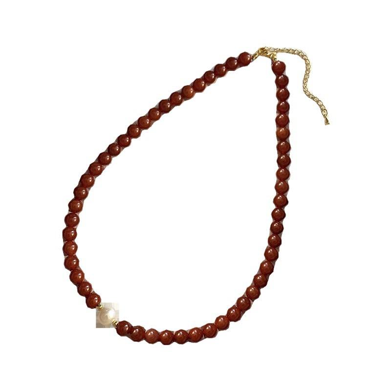 Red Agate Bead Necklace with Freshwater Pearls – Elegant Women's Sweater Chain