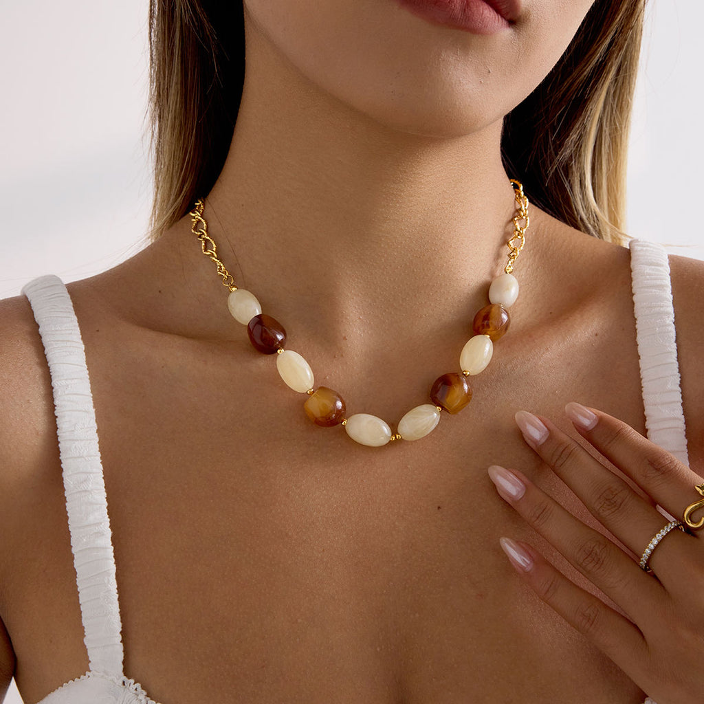 Vintage Chunky Beaded Necklace – Gold-Plated Stainless Steel Statement Jewelry