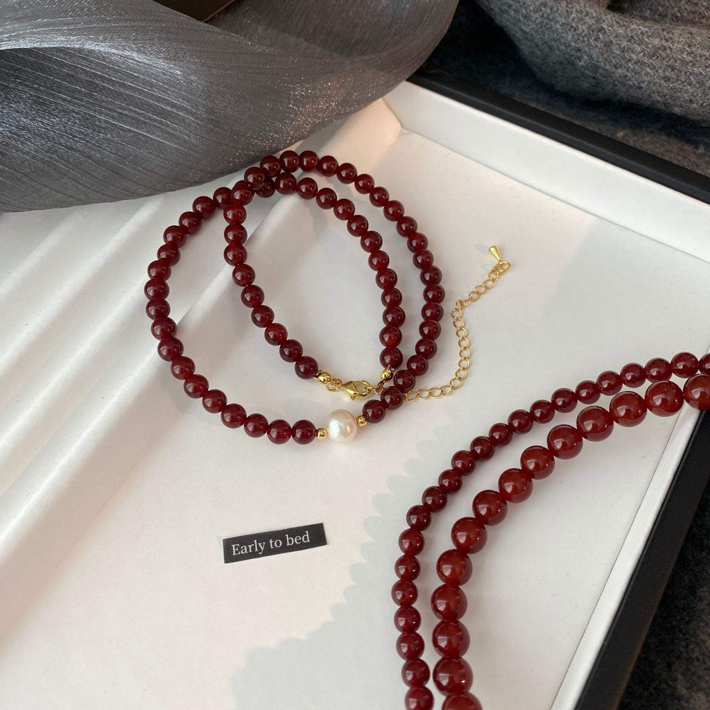 Red Agate Bead Necklace with Freshwater Pearls – Elegant Women's Sweater Chain