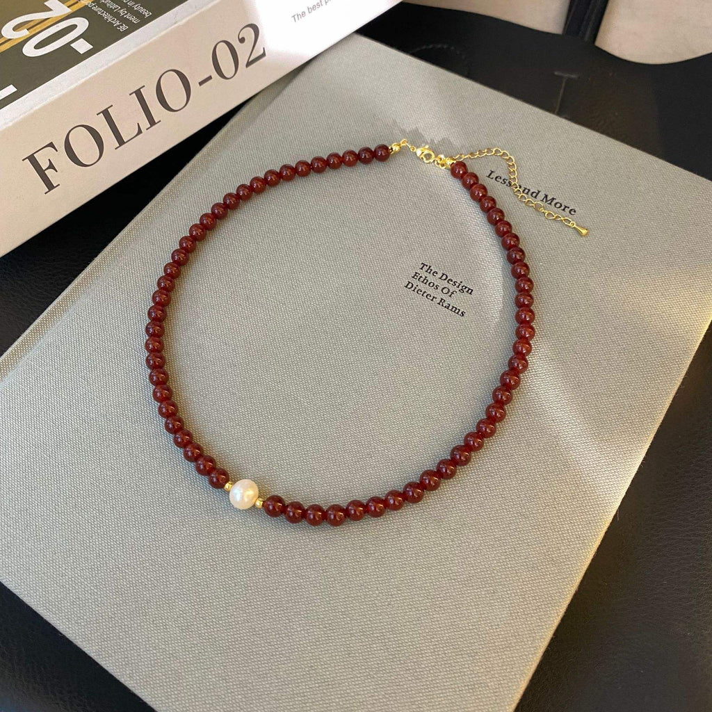 Red Agate Bead Necklace with Freshwater Pearls – Elegant Women's Sweater Chain